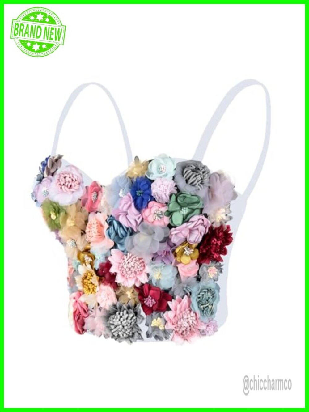 3D Floral Bustier Crop Top Push-Up Corset Sweetheart Neck Removable Straps